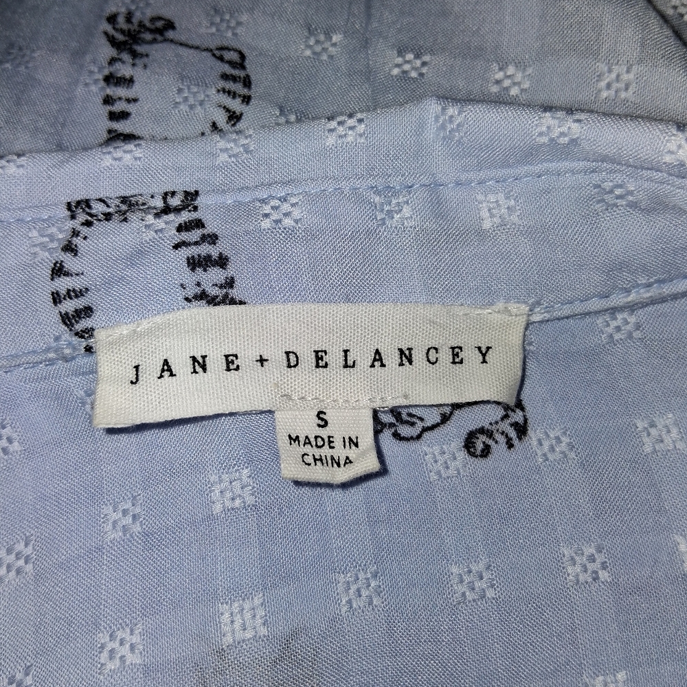JANE+DELANCEY size S Sky Blue Button Down Shirt with Cat Design 100% Rayon - Picture 10 of 16